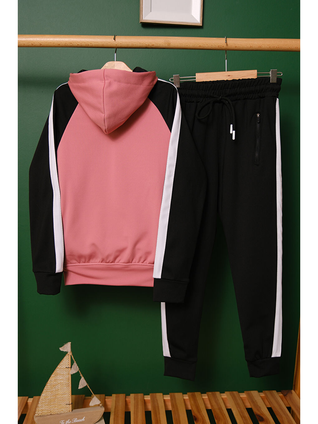 Pembe Unisex Şerit Detaylı Kapüşonlu Çocuk Eşofman Takımı-6