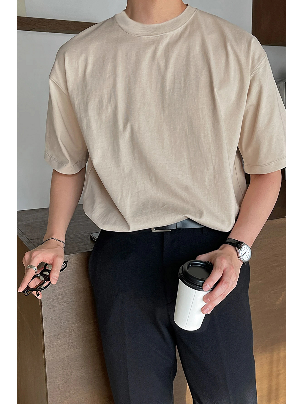 Bej Erkek Oversize Tişört Pamuk Kumaş Bisiklet Yaka Rahat Kalıp T-shirt-1
