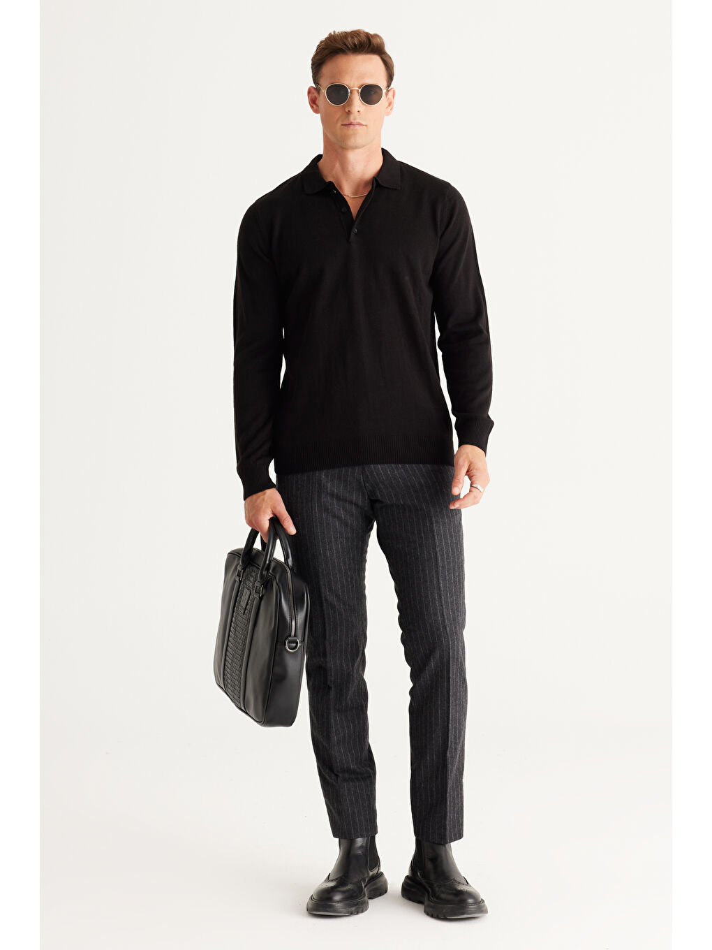 Erkek Siyah Tüylenme Yapmayan Anti Pilling Kumaş Standart Fit Polo Yaka Triko-4