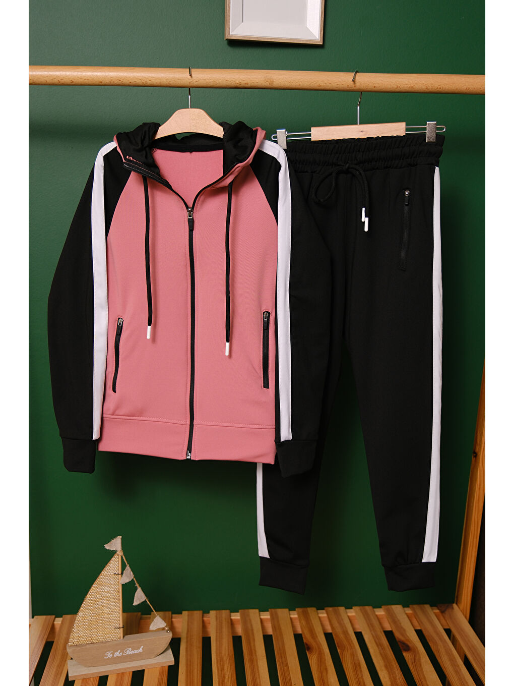 Pembe Unisex Şerit Detaylı Kapüşonlu Çocuk Eşofman Takımı-8