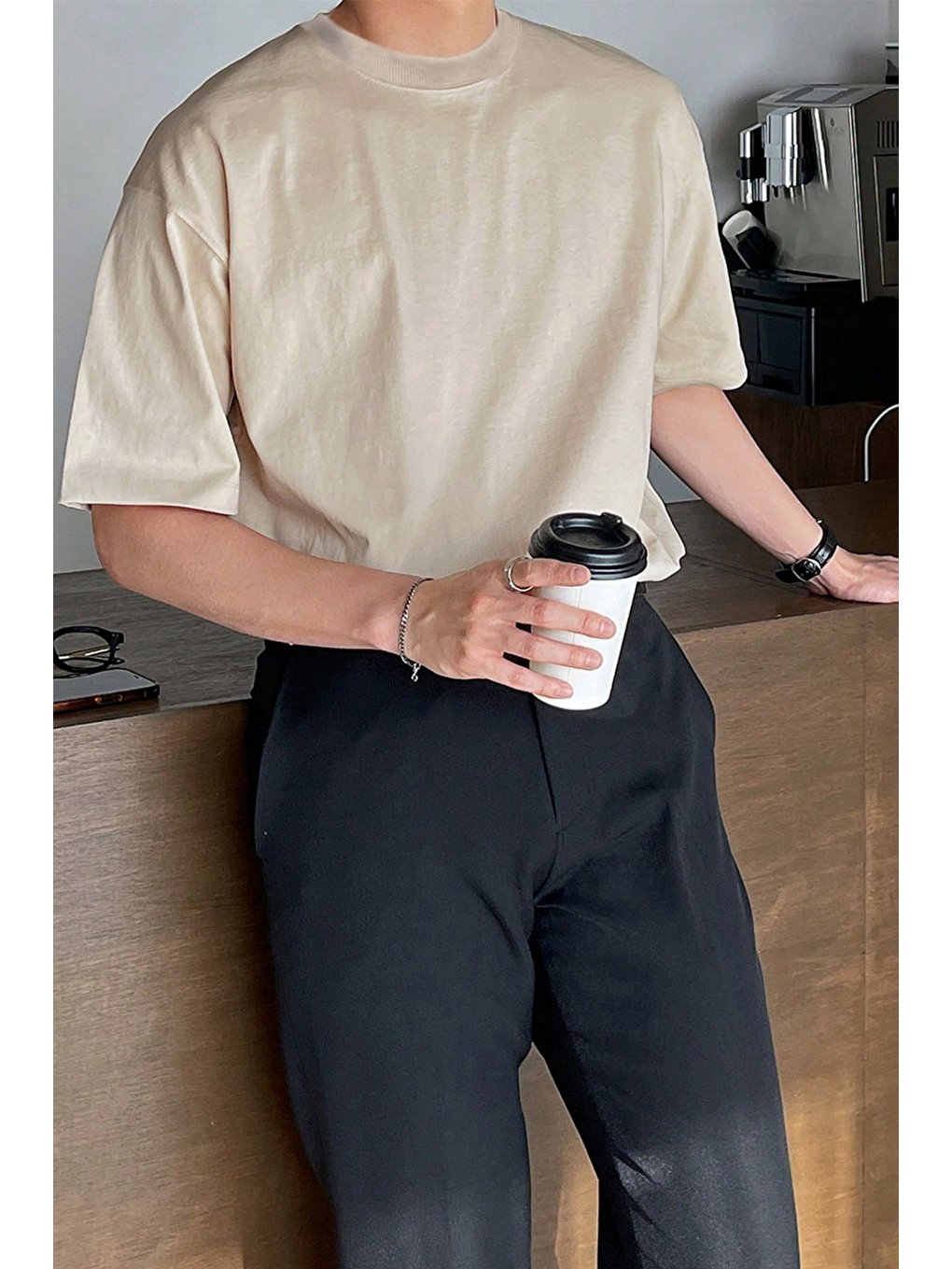 Bej Erkek Oversize Tişört Pamuk Kumaş Bisiklet Yaka Rahat Kalıp T-shirt-2