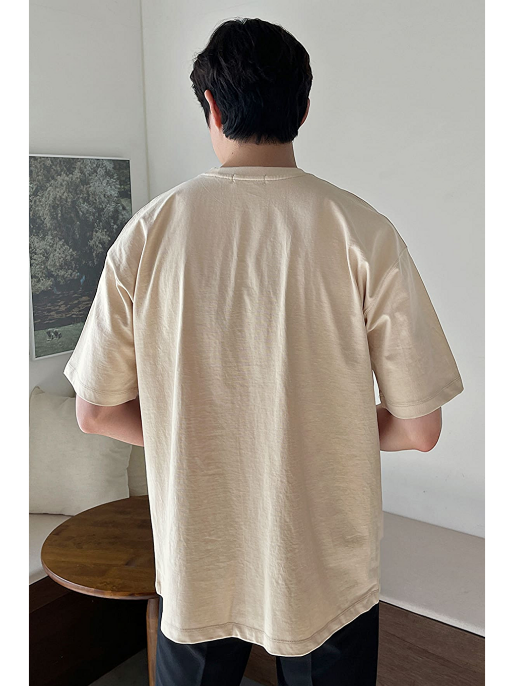 Bej Erkek Oversize Tişört Pamuk Kumaş Bisiklet Yaka Rahat Kalıp T-shirt-3