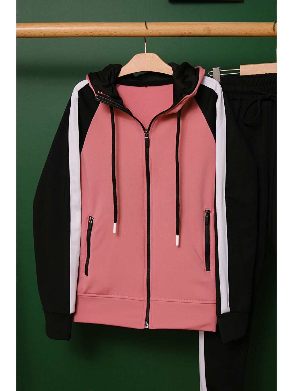 Pembe Unisex Şerit Detaylı Kapüşonlu Çocuk Eşofman Takımı-5