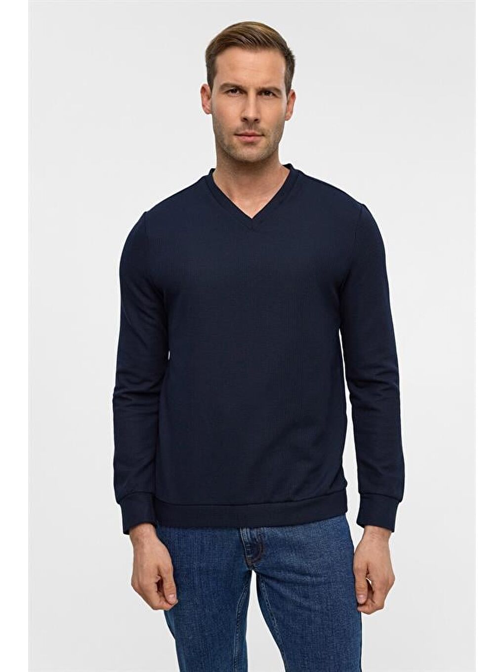 Lacivert Regular V Yaka Sweatshirt