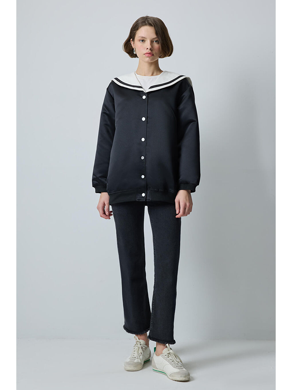 Siyah Denizci Yaka Saten Ceket