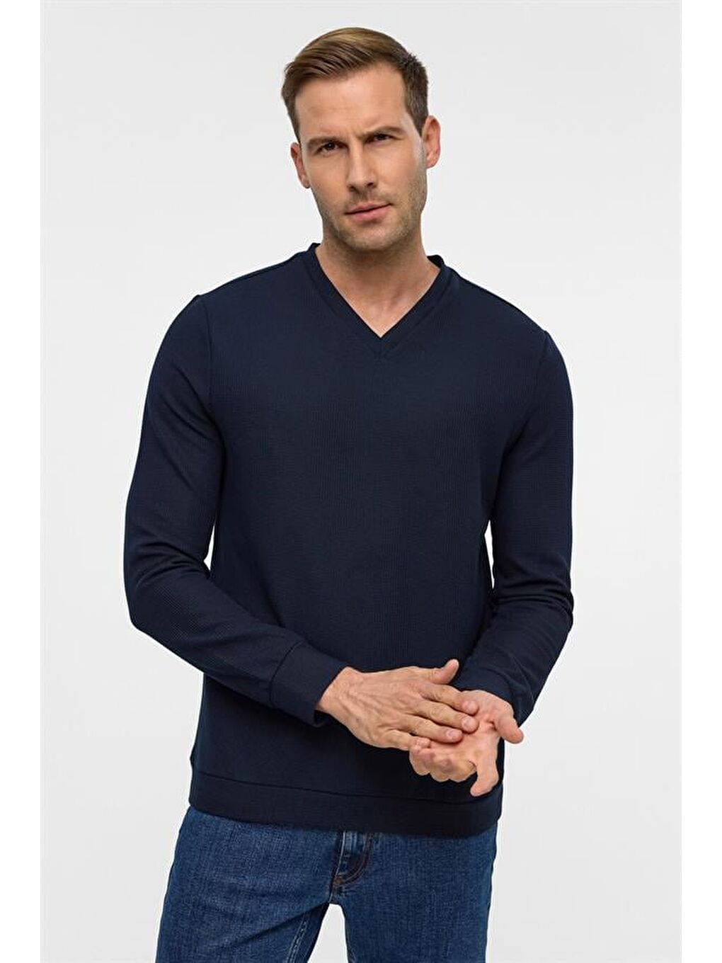 Lacivert Regular V Yaka Sweatshirt-1