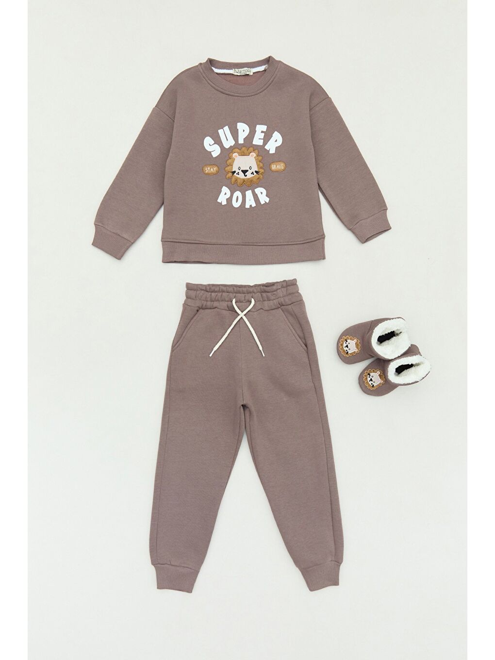 Kahverengi 3 İplik Aslan Nakışlı Panduflu Unisex Çocuk Eşofman Takımı