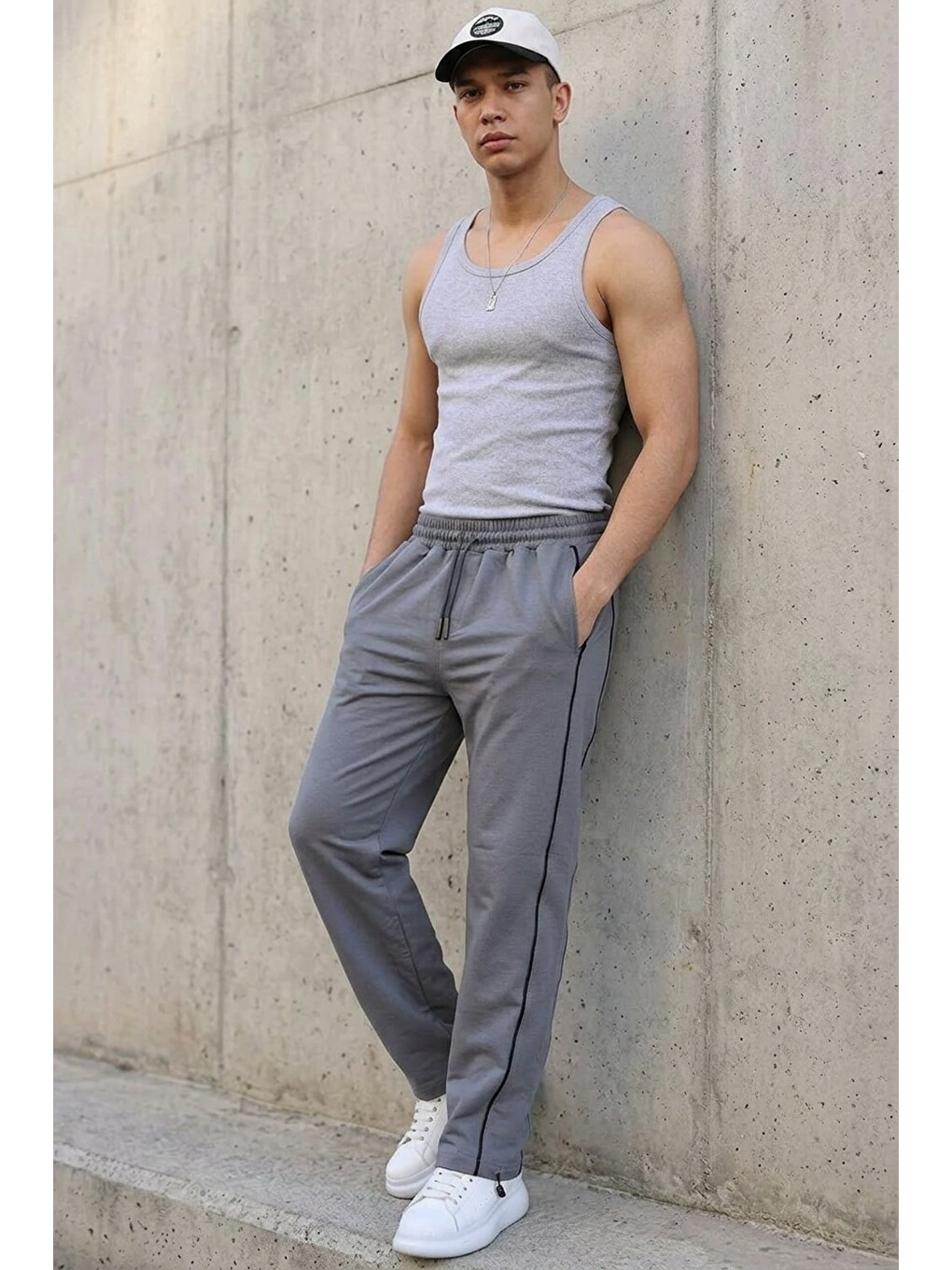 Erkek Beli Lastikli Gri Relaxed Eşofman Altı-2