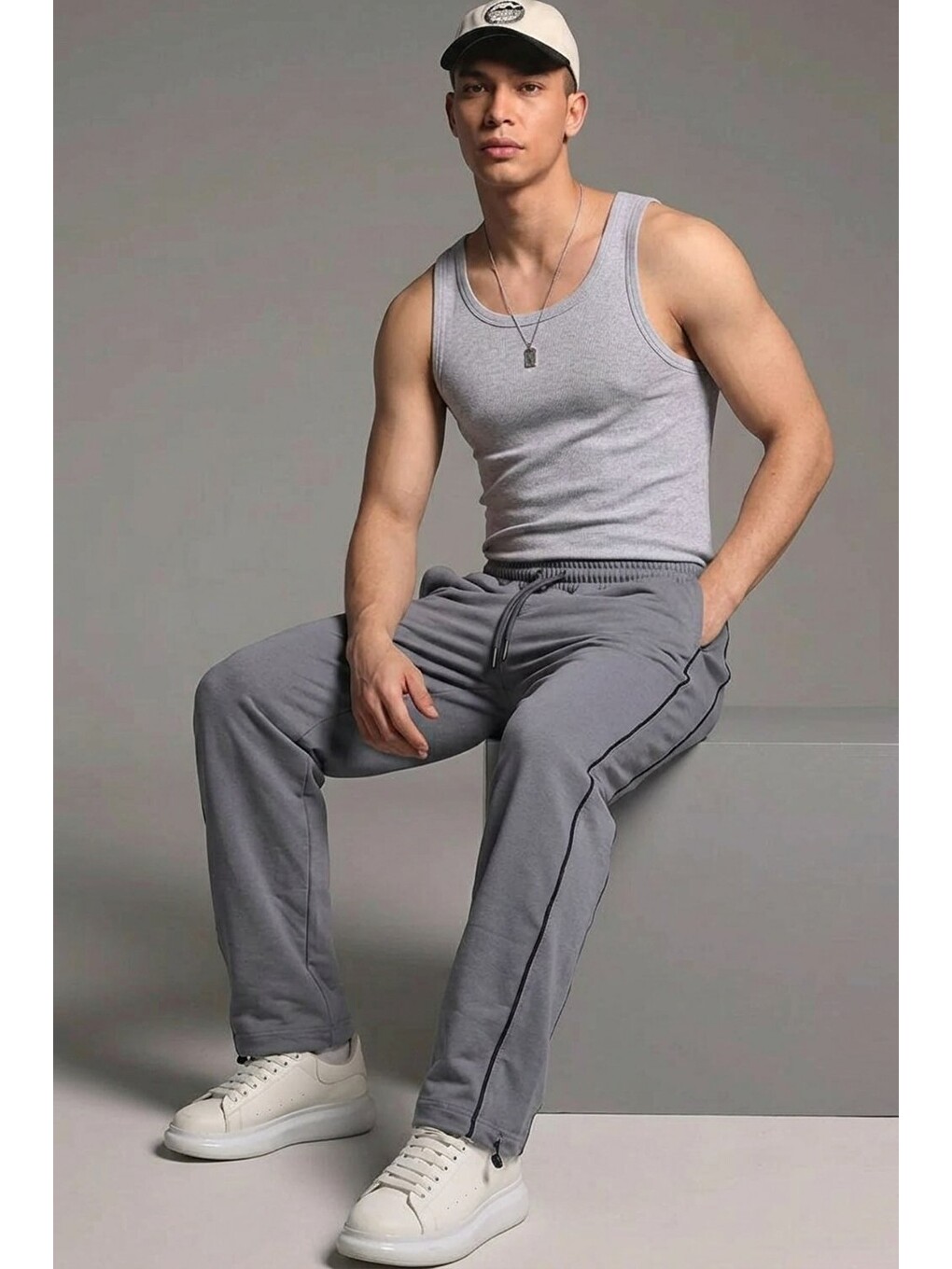 Erkek Beli Lastikli Gri Relaxed Eşofman Altı-3