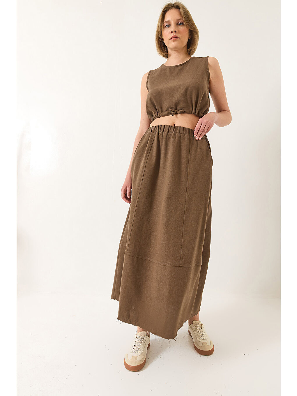 Kahverengi Kadın Keten Beli Bağlamalı Bluz Cep Detaylı Etek Alt-Üst Takım-1