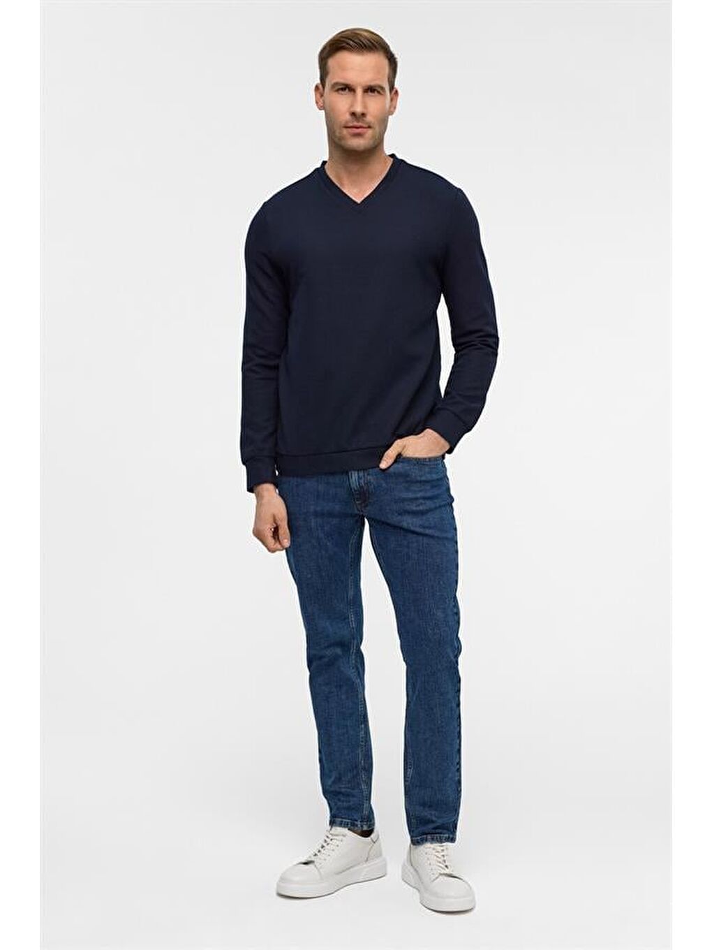 Lacivert Regular V Yaka Sweatshirt-3