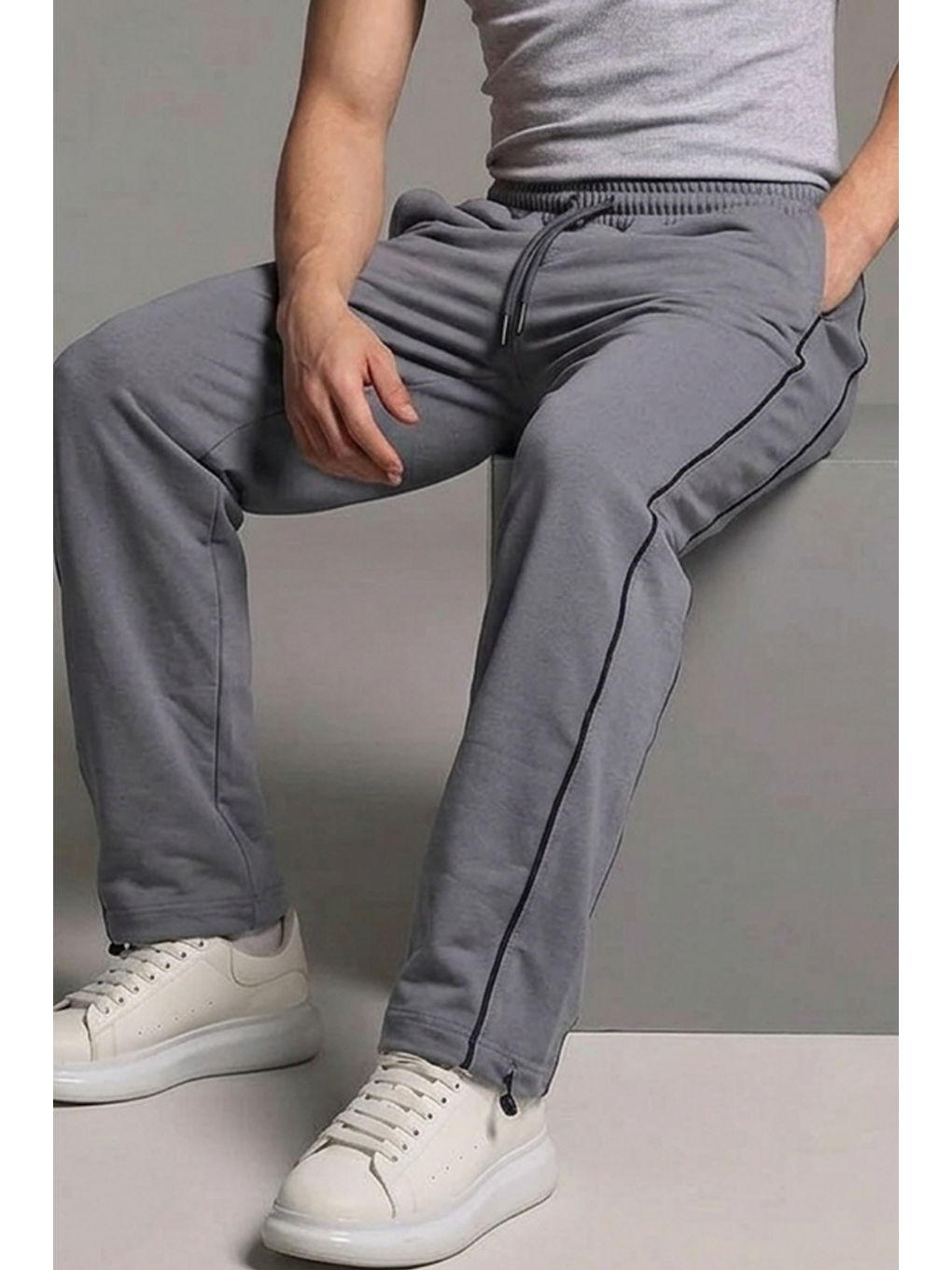 Erkek Beli Lastikli Gri Relaxed Eşofman Altı-5