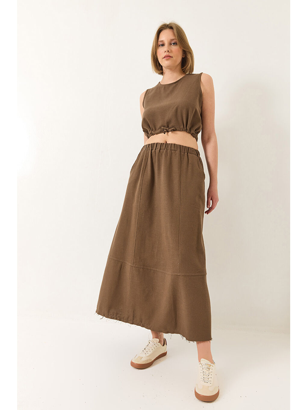 Kahverengi Kadın Keten Beli Bağlamalı Bluz Cep Detaylı Etek Alt-Üst Takım-3