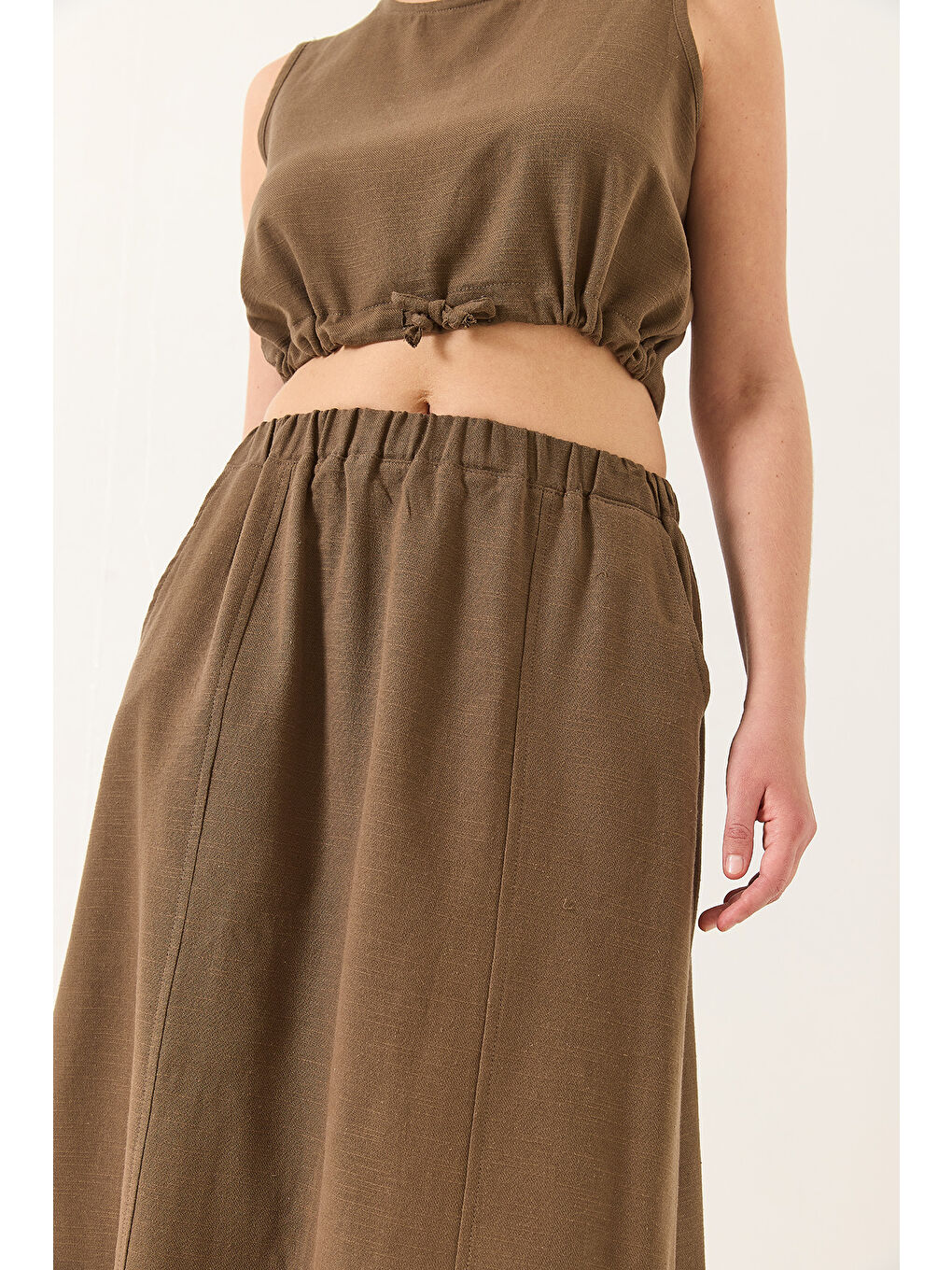 Kahverengi Kadın Keten Beli Bağlamalı Bluz Cep Detaylı Etek Alt-Üst Takım-4
