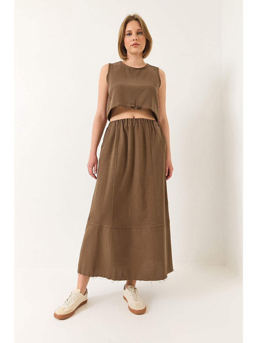 Kahverengi Kadın Keten Beli Bağlamalı Bluz Cep Detaylı Etek Alt-Üst Takım-5