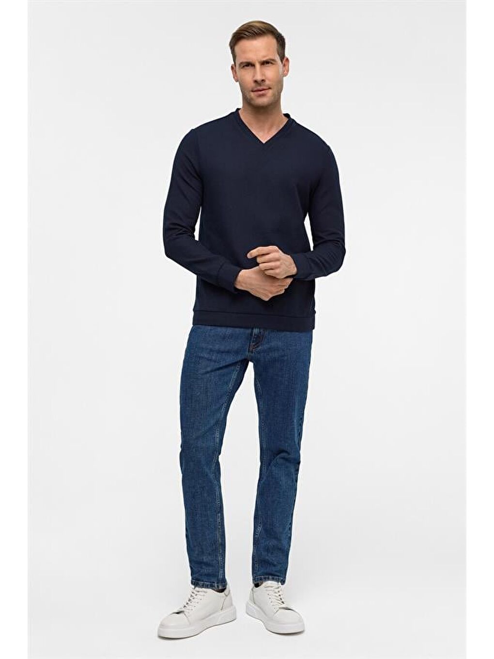 Lacivert Regular V Yaka Sweatshirt-5