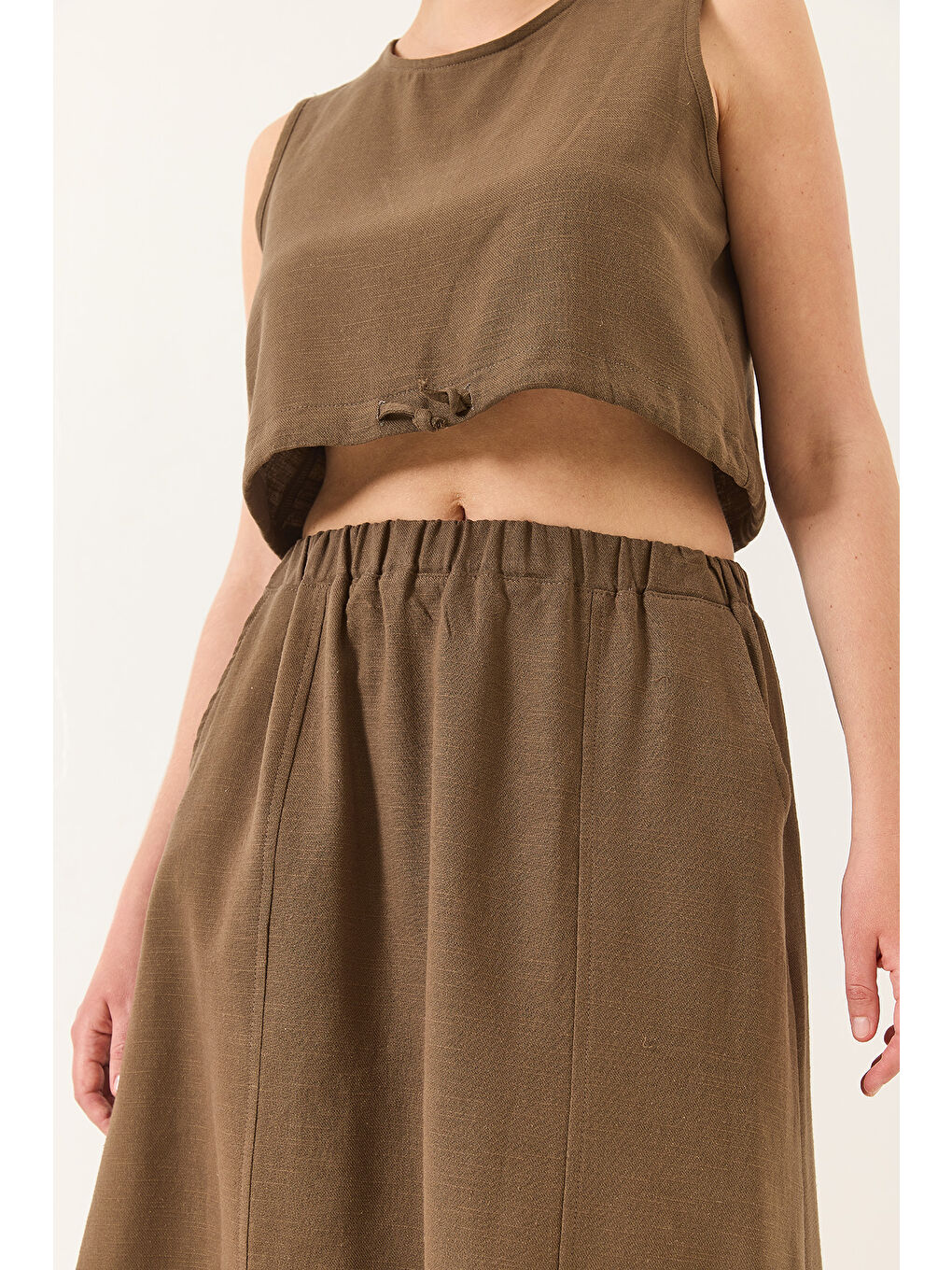 Kahverengi Kadın Keten Beli Bağlamalı Bluz Cep Detaylı Etek Alt-Üst Takım-6