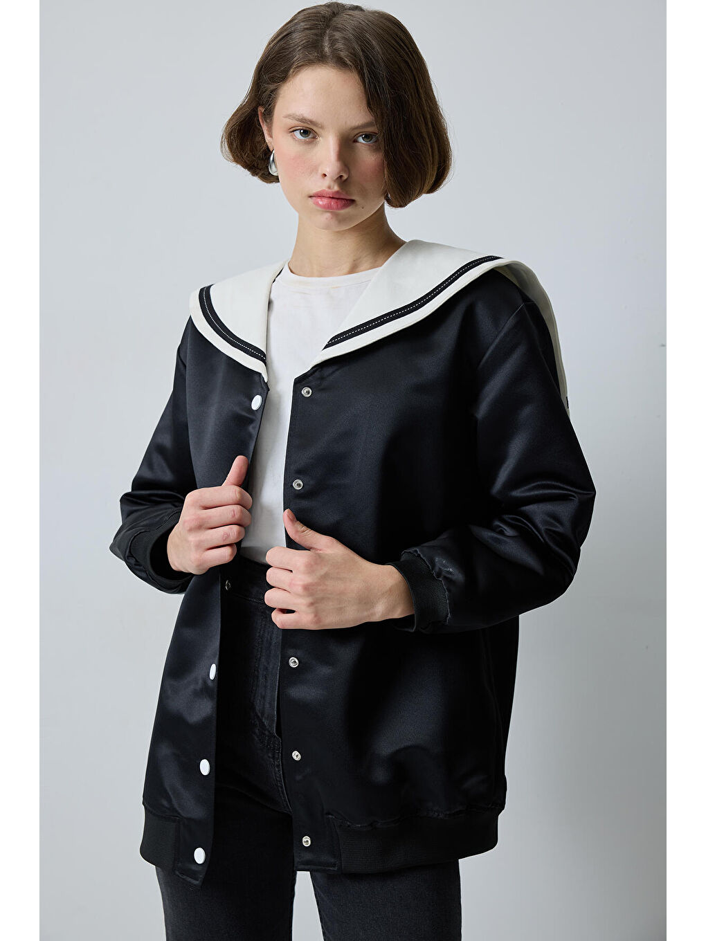 Siyah Denizci Yaka Saten Ceket-1