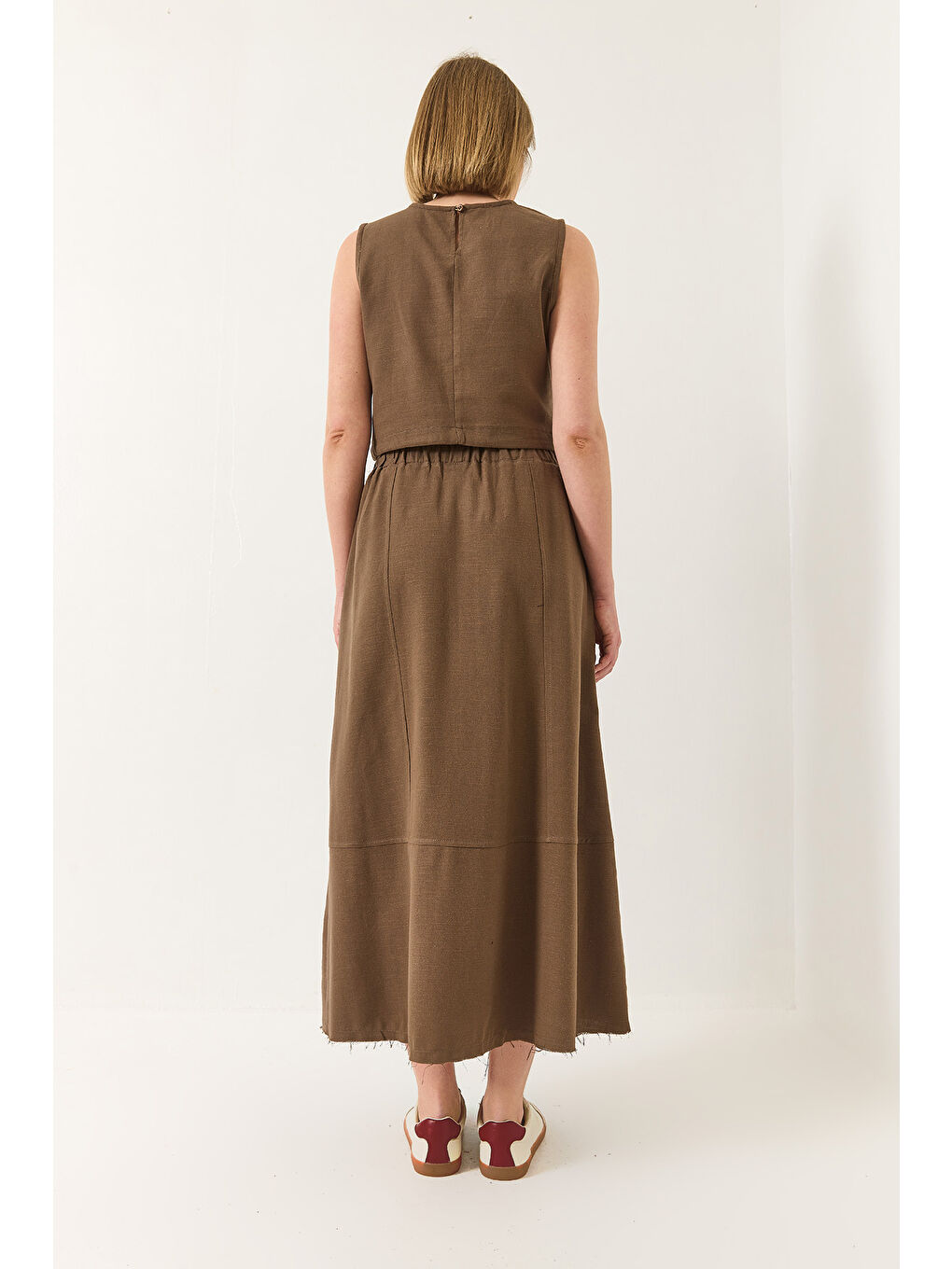 Kahverengi Kadın Keten Beli Bağlamalı Bluz Cep Detaylı Etek Alt-Üst Takım-7