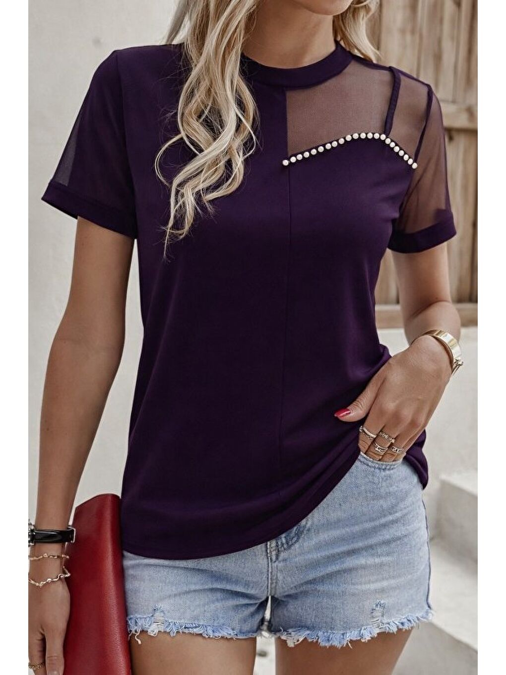 Mor Kadın Kısa Kollu Tül Detaylı Taşlı Janjan Krep Bluz