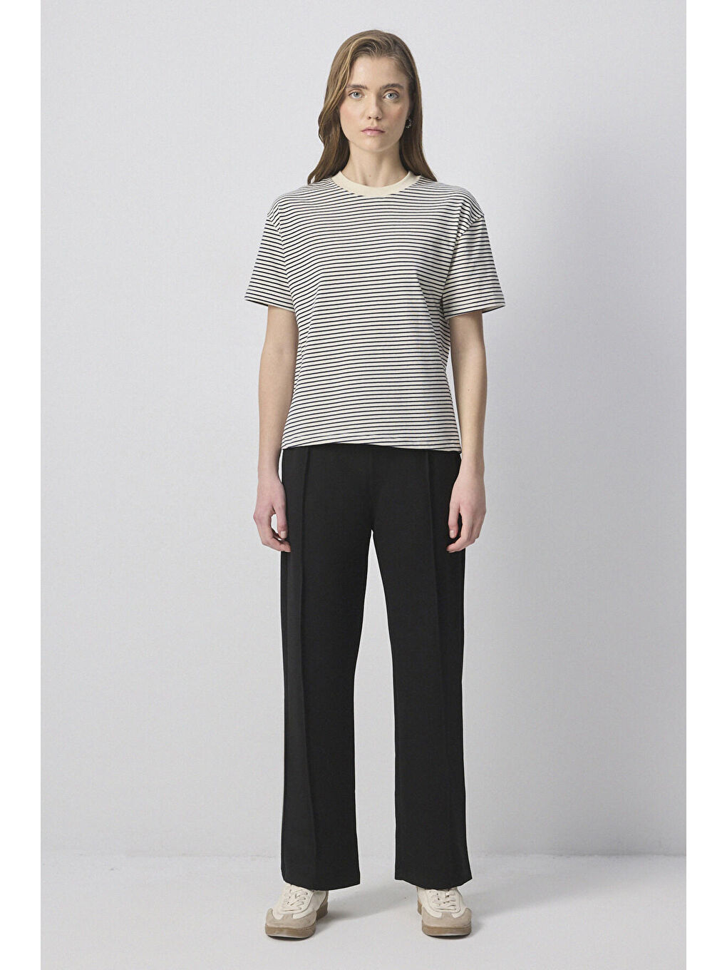 Touché Bej Çizgili Basic T-Shirt