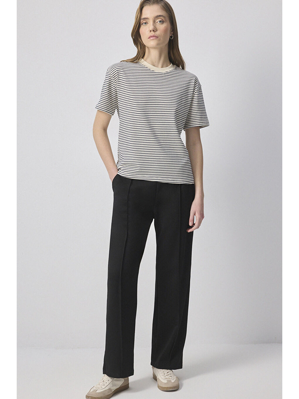 Touché Bej Çizgili Basic T-Shirt - 1