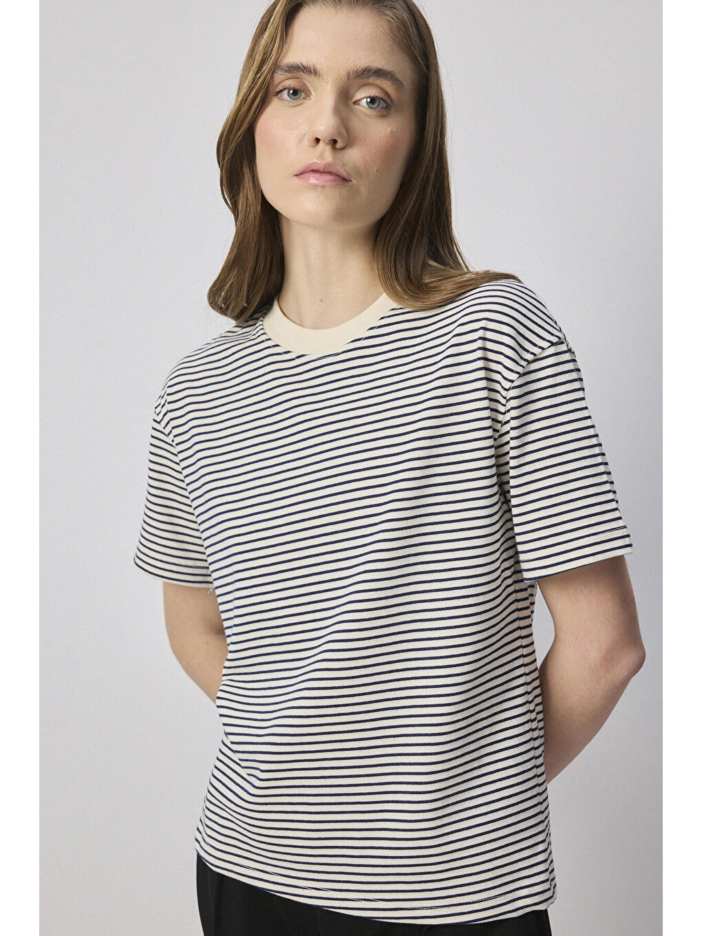 Touché Bej Çizgili Basic T-Shirt - 2