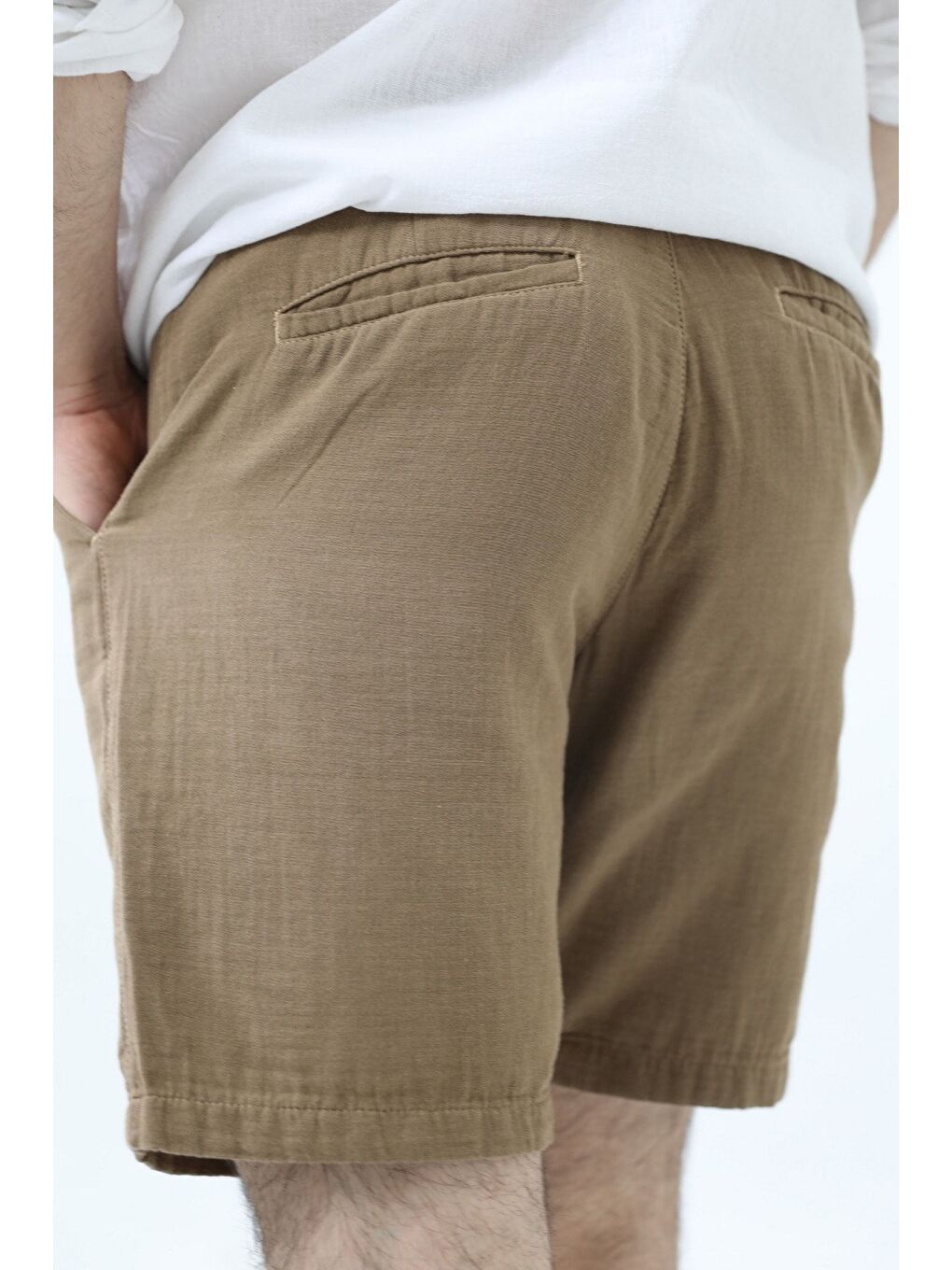 Ekru Erkek Krem Musli Bağcıklı Keten Şort-1