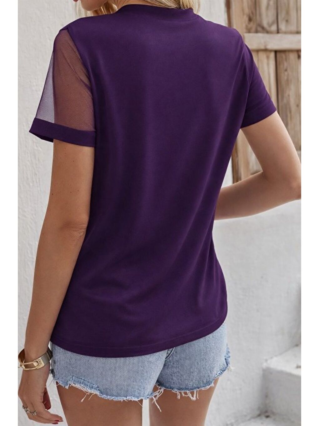 Mor Kadın Kısa Kollu Tül Detaylı Taşlı Janjan Krep Bluz-1