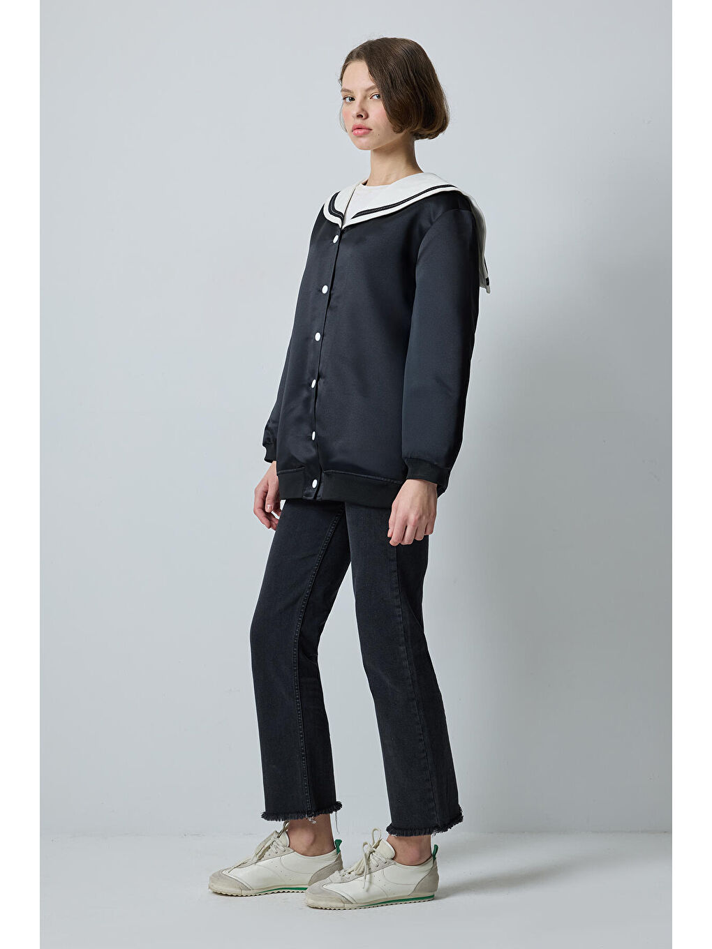 Siyah Denizci Yaka Saten Ceket-2