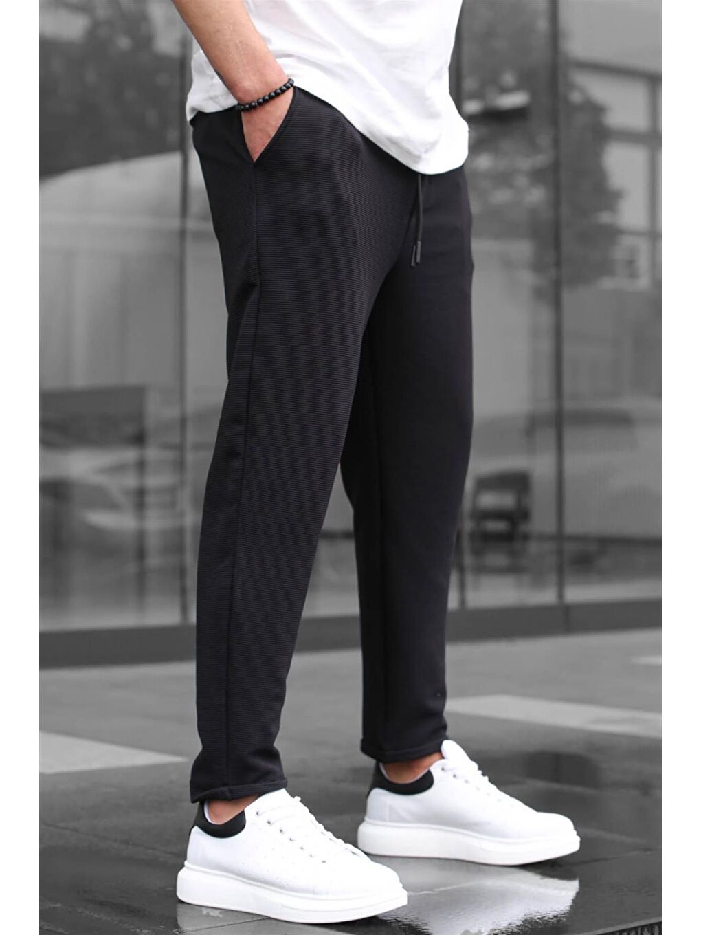 Siyah Basic Waffle Kumaş Erkek Pantolon 6509-1