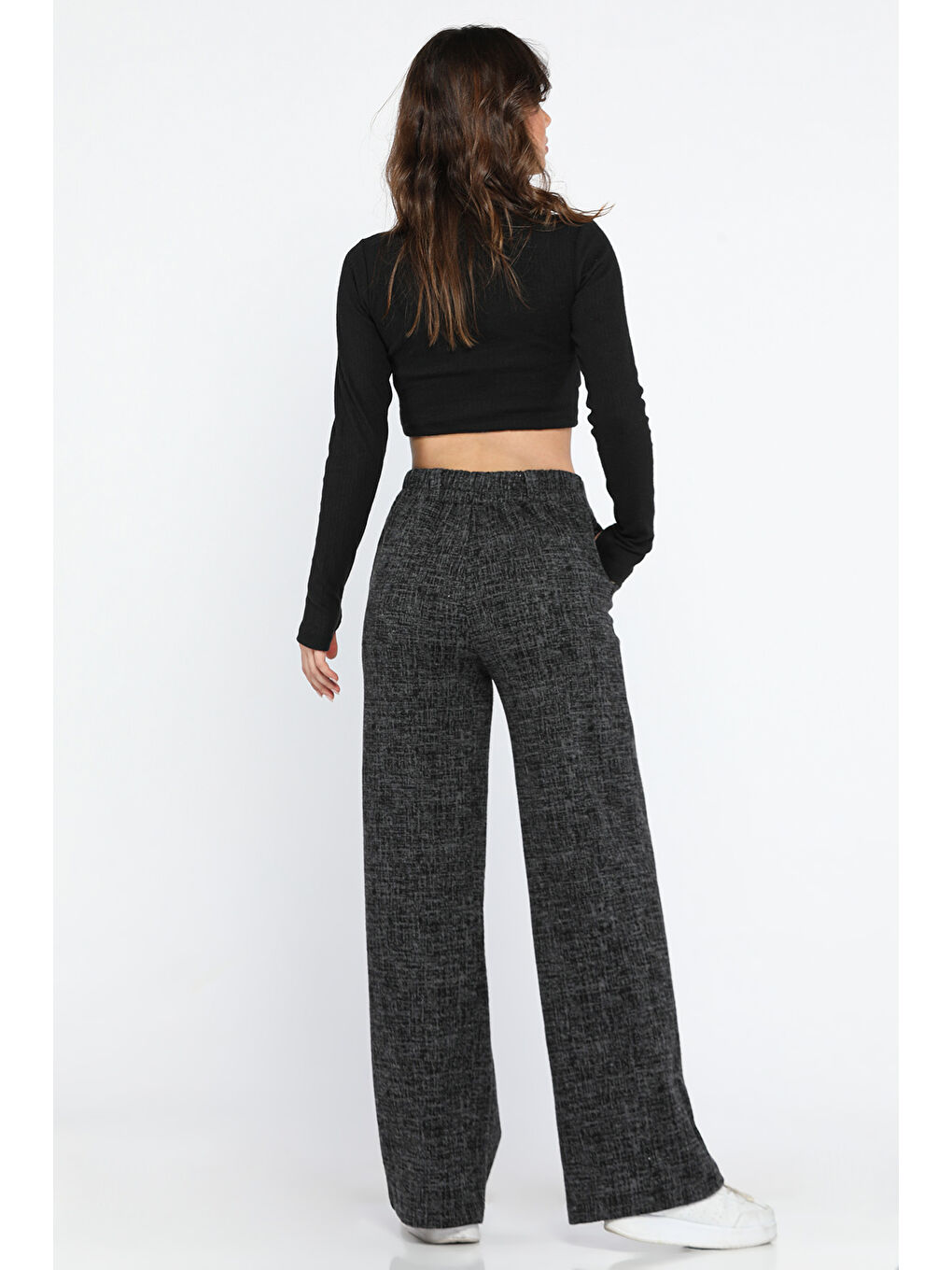 Antrasit Kadın Yüksek Bel Kendinden Desenli Bel Lastikli Kışlık Bol Paça Palazzo Pantolon-2