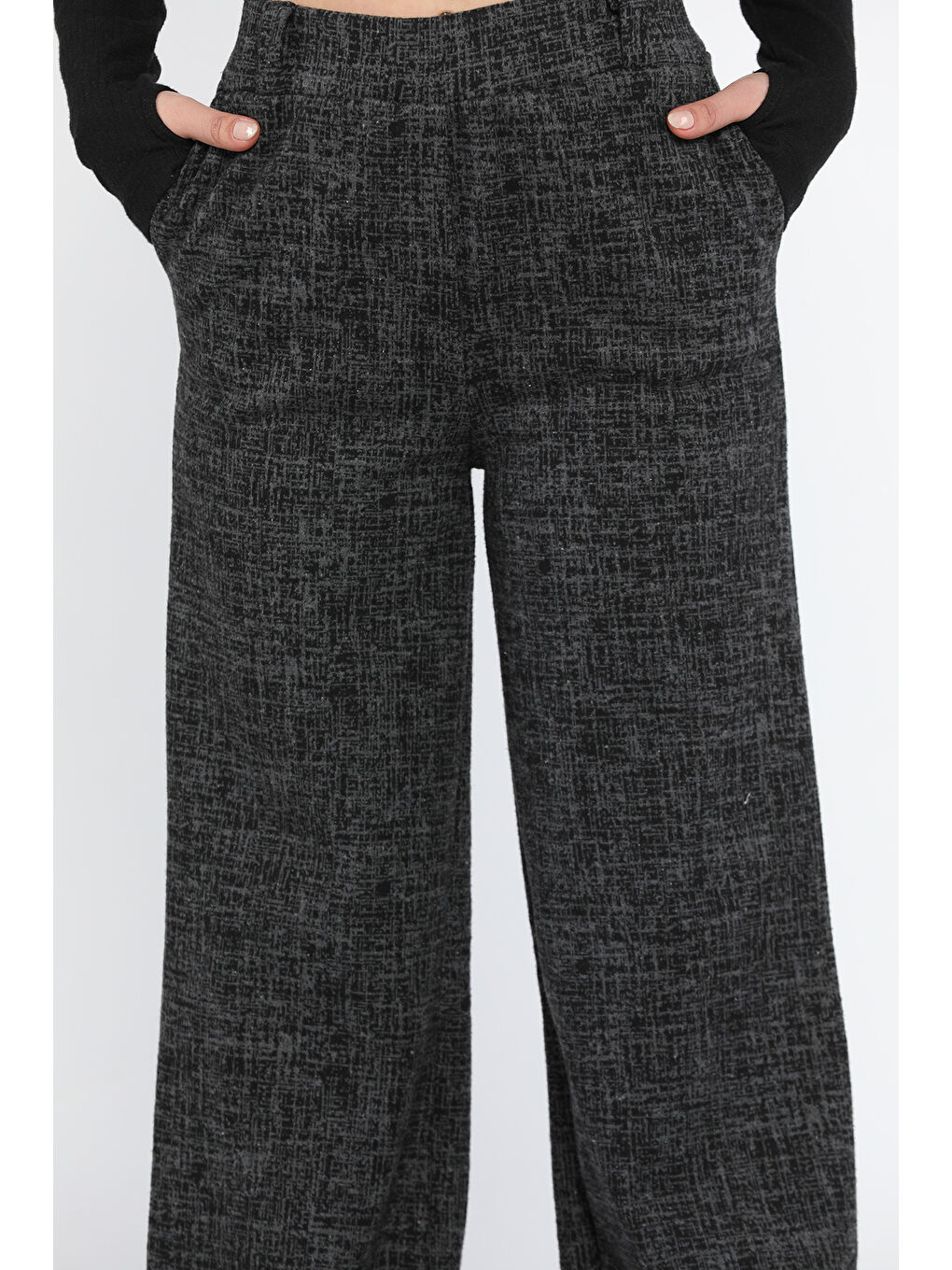 Antrasit Kadın Yüksek Bel Kendinden Desenli Bel Lastikli Kışlık Bol Paça Palazzo Pantolon-3