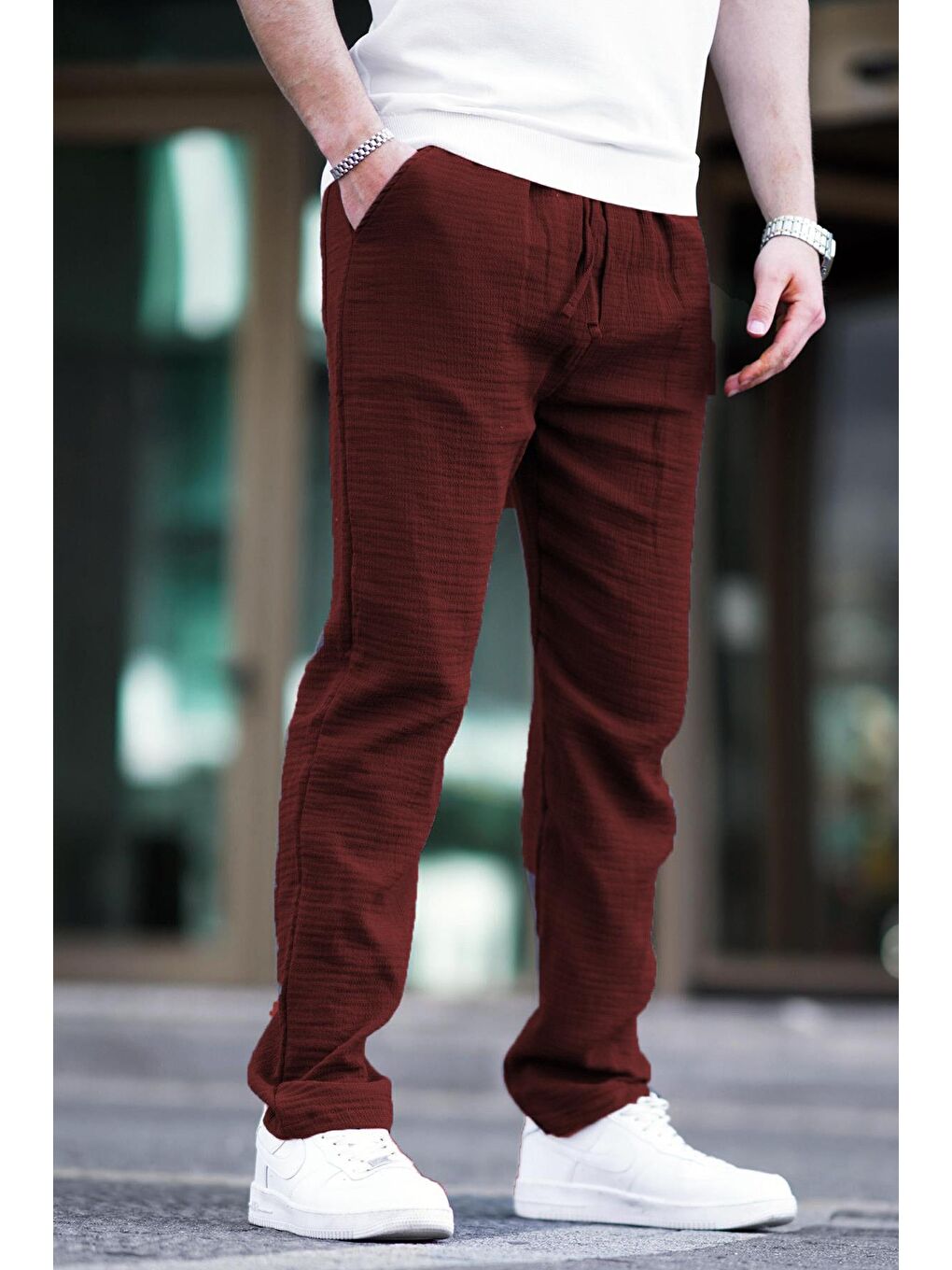 Bordo Müslin Kumaş Erkek Basic %100 Pamuk Pantolon 6507-1