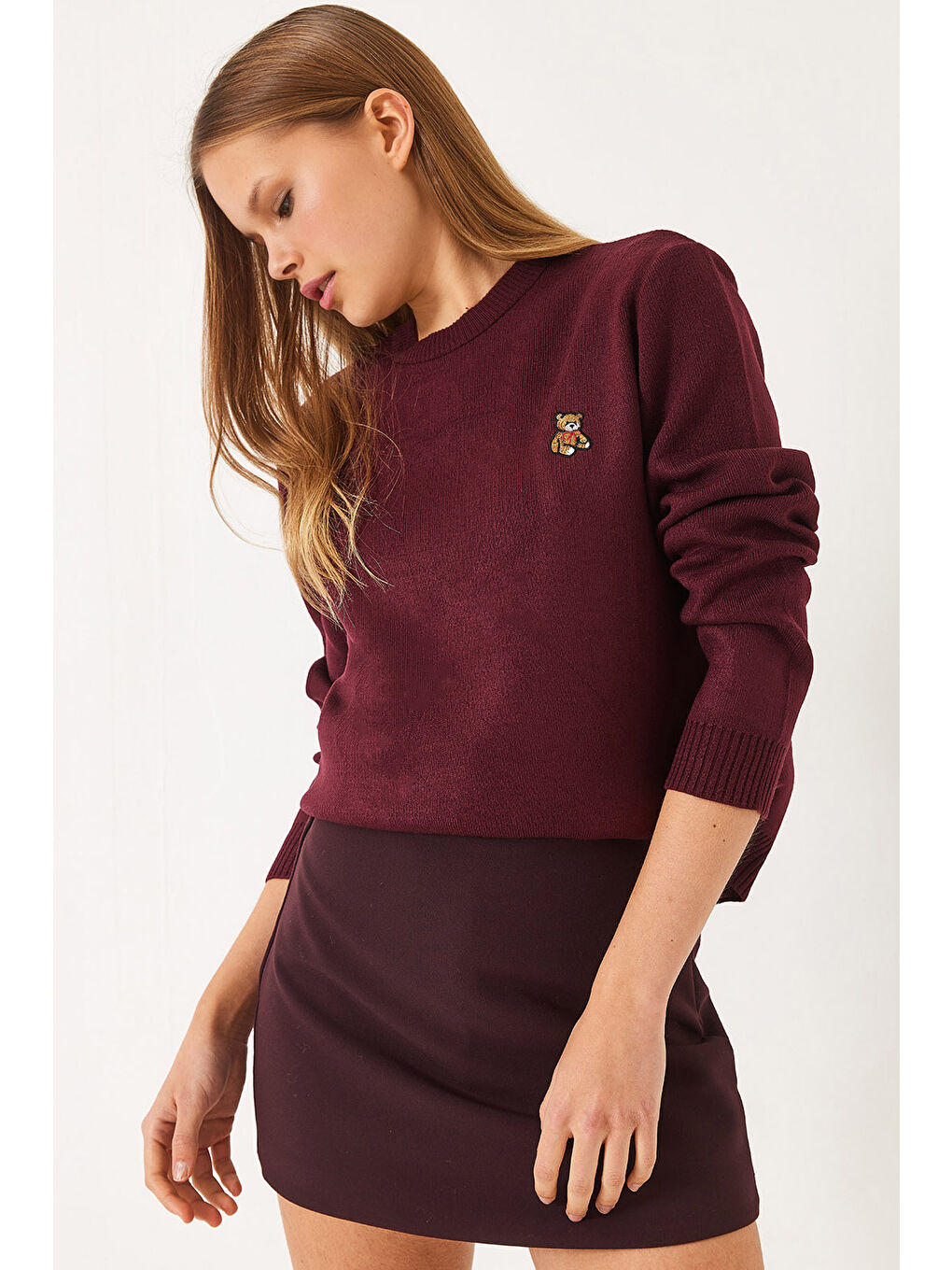 Bordo KadınTeddy Nakışlı Basic Kazak