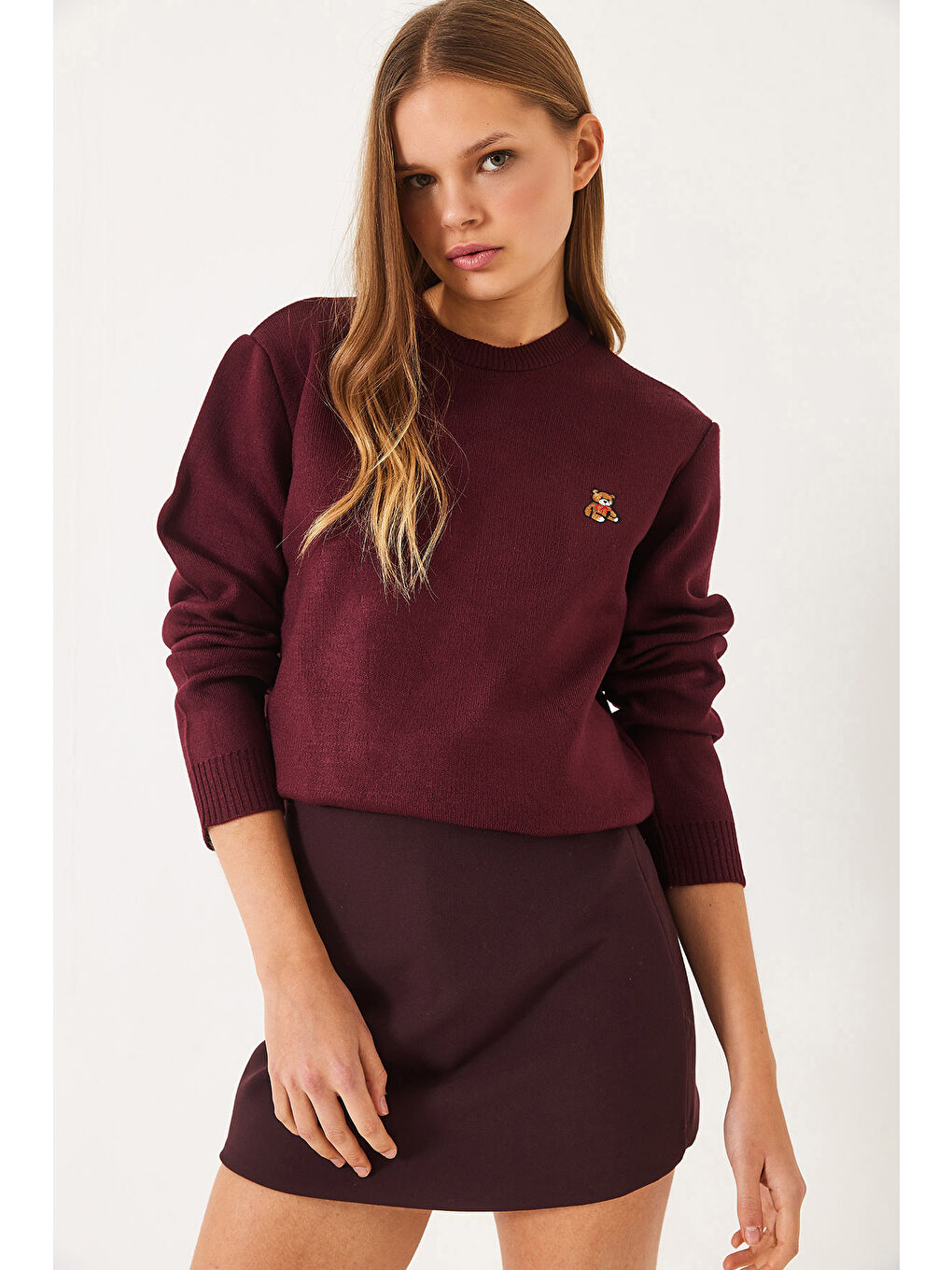 Bordo KadınTeddy Nakışlı Basic Kazak-1