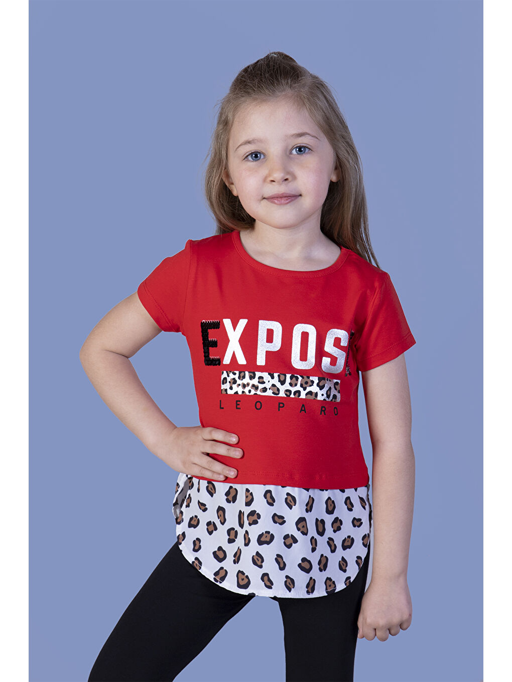 Kırmızı Kız Çocuk Leopar Desenli Poplin Detaylı Tişört