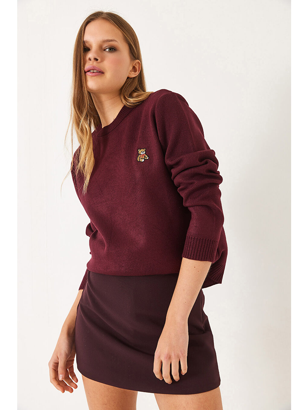 Bordo KadınTeddy Nakışlı Basic Kazak-2