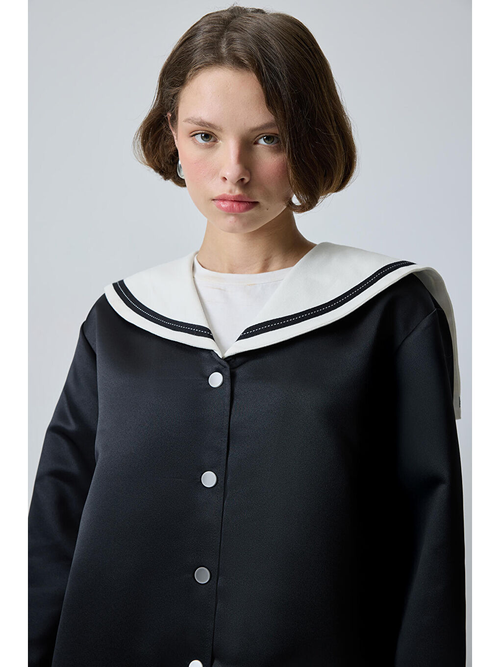 Siyah Denizci Yaka Saten Ceket-4