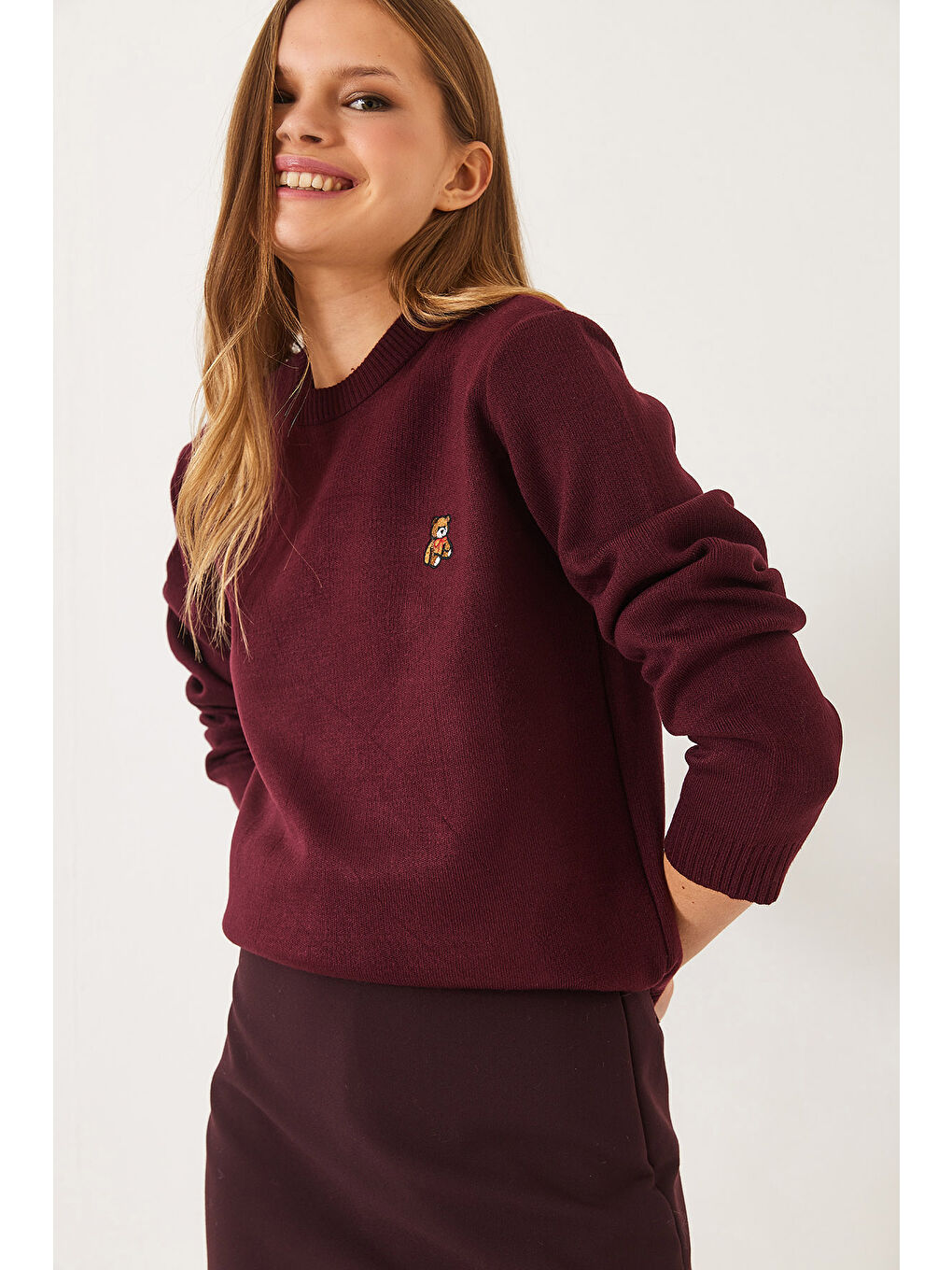 Bordo KadınTeddy Nakışlı Basic Kazak-4