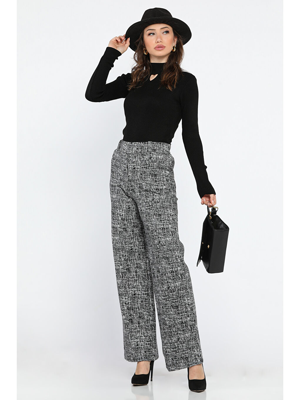 Siyah Kadın Yüksek Bel Kendinden Desenli Bel Lastikli Kışlık Bol Paça Palazzo Pantolon-1