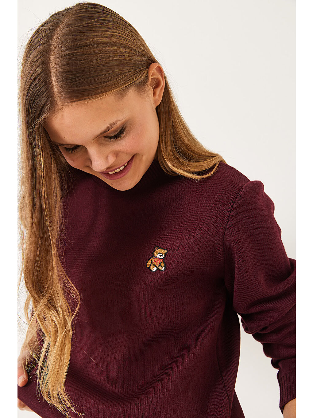 Bordo KadınTeddy Nakışlı Basic Kazak-5