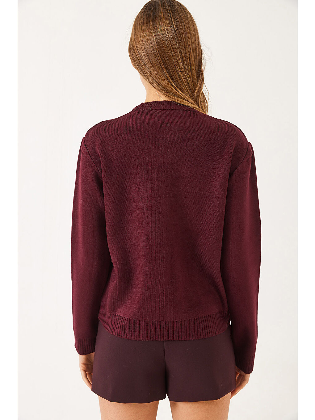 Bordo KadınTeddy Nakışlı Basic Kazak-6