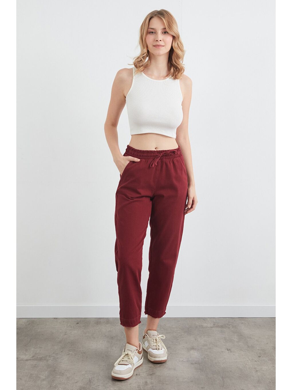 Bordo Yüksek Bel Beli Lastikli Pantolon