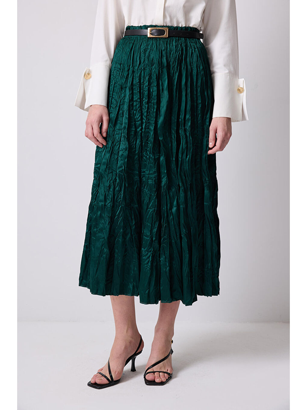 Yeşil Crushlı Saten Etek-1
