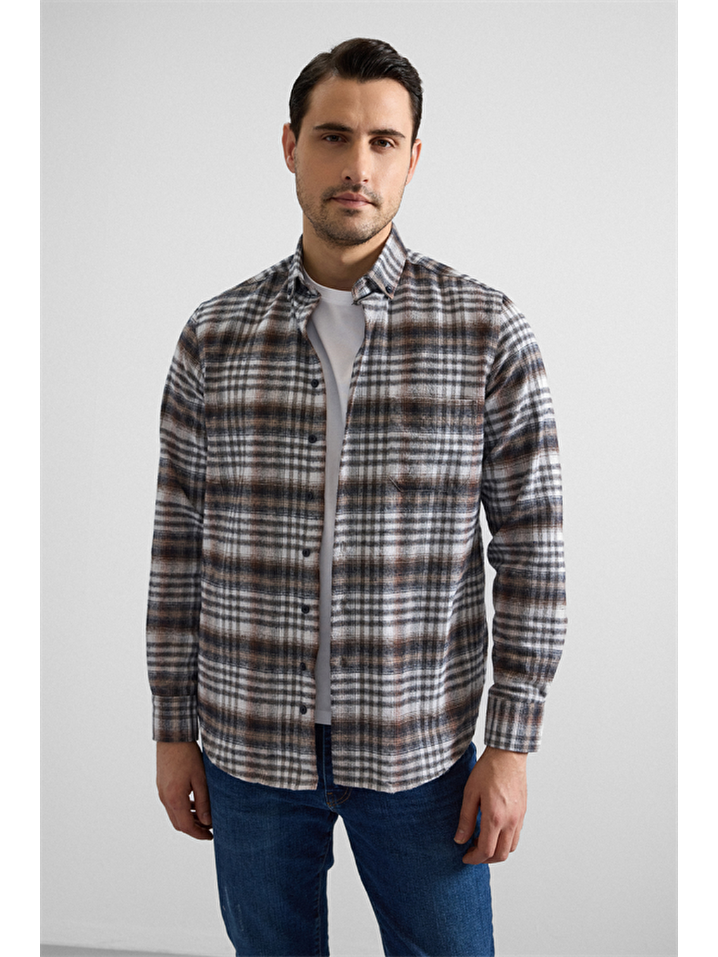 Kahverengi Kiremit Regular Düğmeli Yaka Kareli Casual Gömlek
