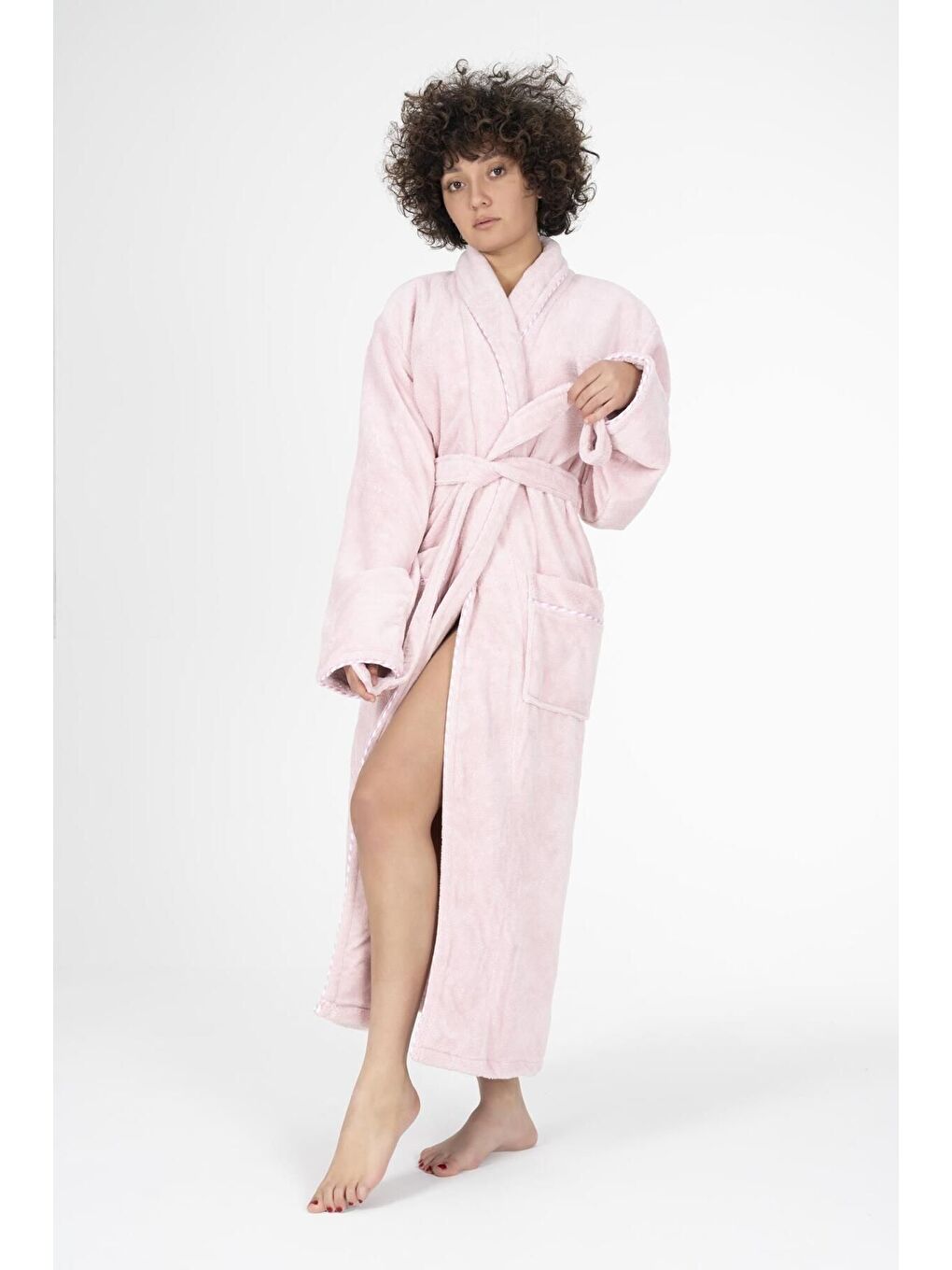 Pembe Biyeli Şal Yaka Bambu Bornoz Pudra