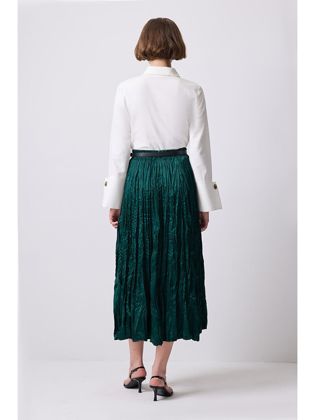 Yeşil Crushlı Saten Etek-3