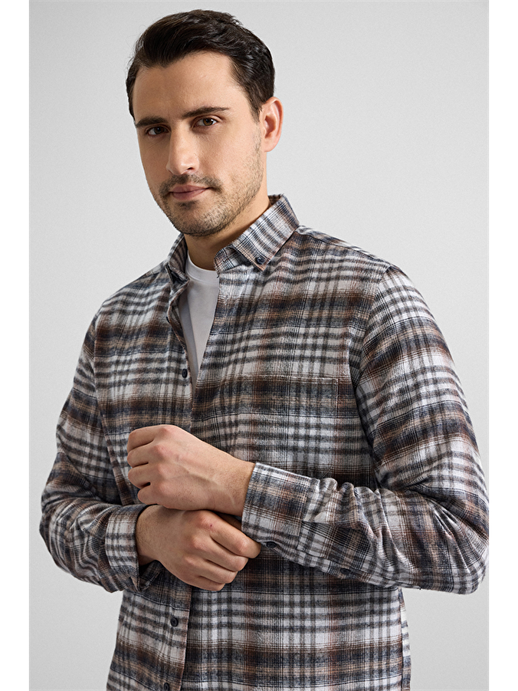 Kahverengi Kiremit Regular Düğmeli Yaka Kareli Casual Gömlek-1