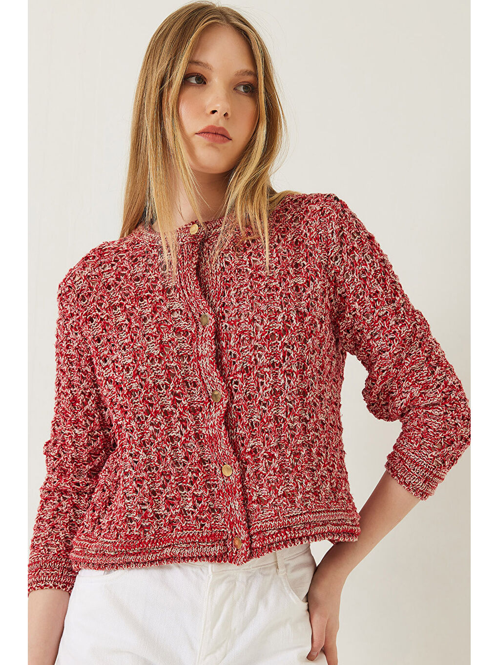 Kırmızı Kadın Ajurlu Simli Triko Hırka